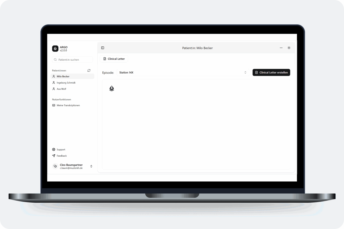 ARGO-CL Oberfläche – Arztbrief-Generierung in Aktion